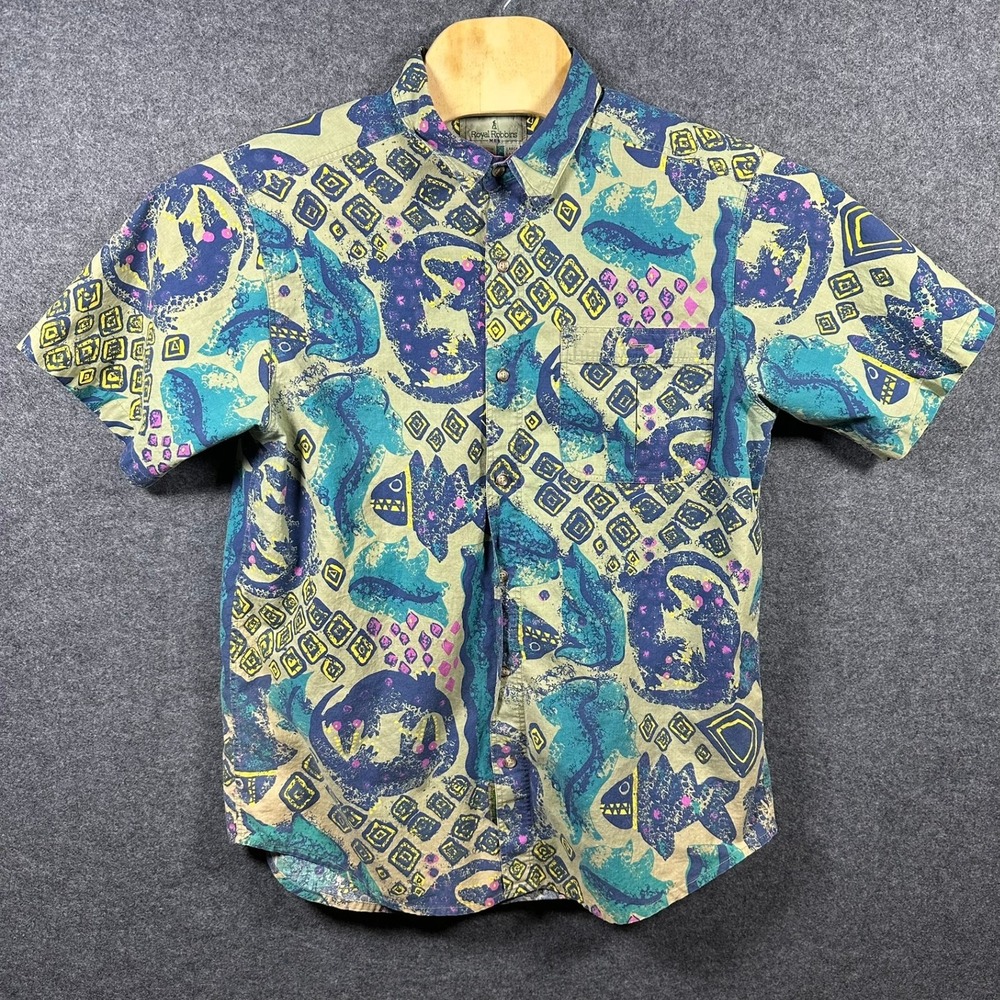 Royal Robbins Mens Large Short Sleeve Button Down Shirt Abstract Geometric Blue - Picture 2 of 7